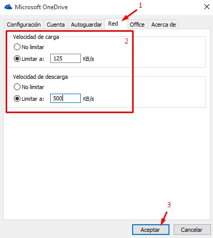 limitar velocidad carga descarga onedrive