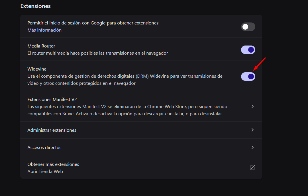 Activar interruptor de Widevine en Brave
